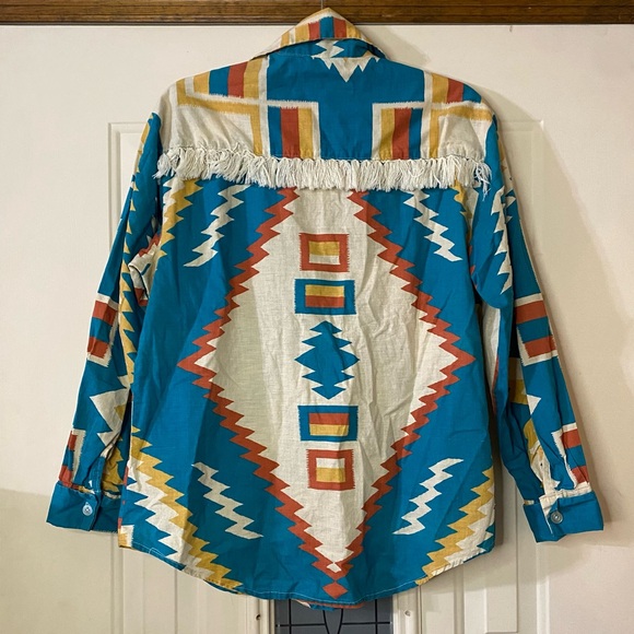Vintage Mens Large Unisex Southwestern Frayed Tassle Long Sleeve Button Down - Picture 4 of 7